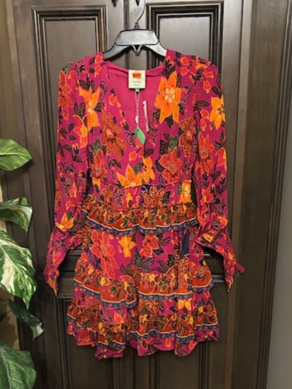 Farm Rio Tropical Tapestry V-Neck Smocked Cuffs Long Sleeve Pink Multi Minidress